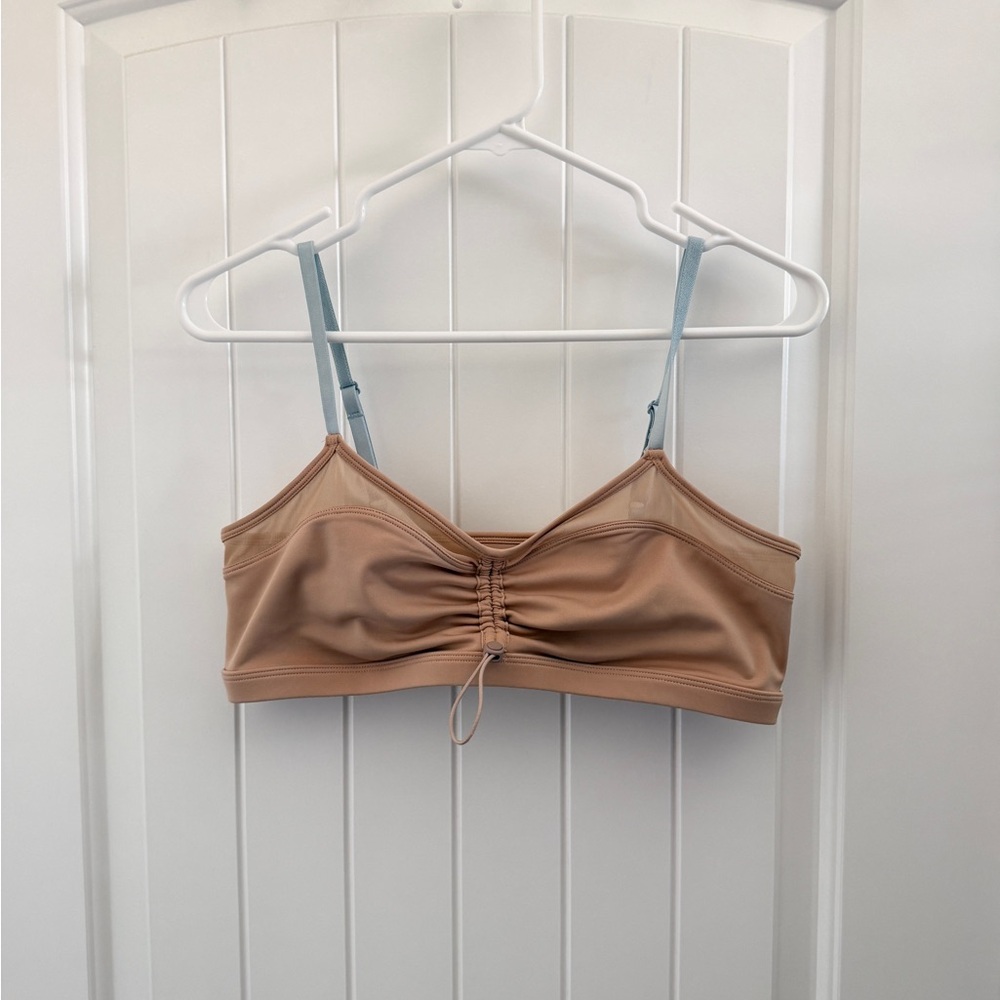Fabletics Nude Ruched Bralette with Light Blue Straps